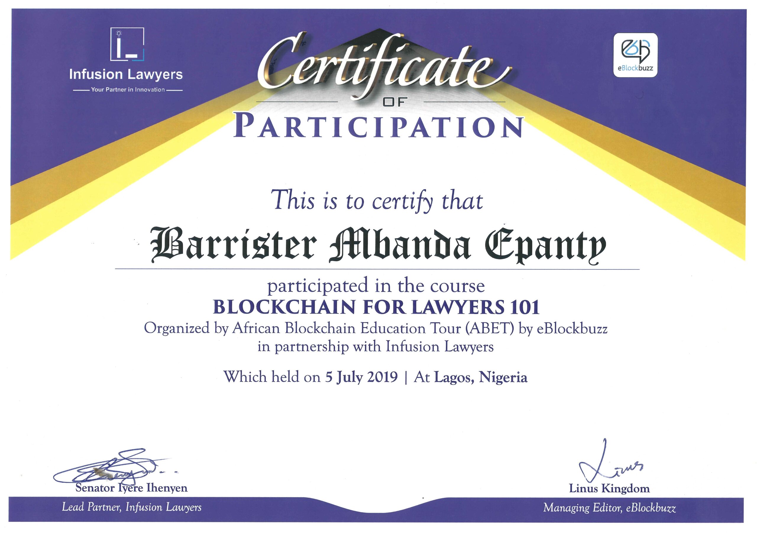 CERTIFICATE OF PARTICIPATION BLOCKCHAIN FOR LAWYERS 101-2019