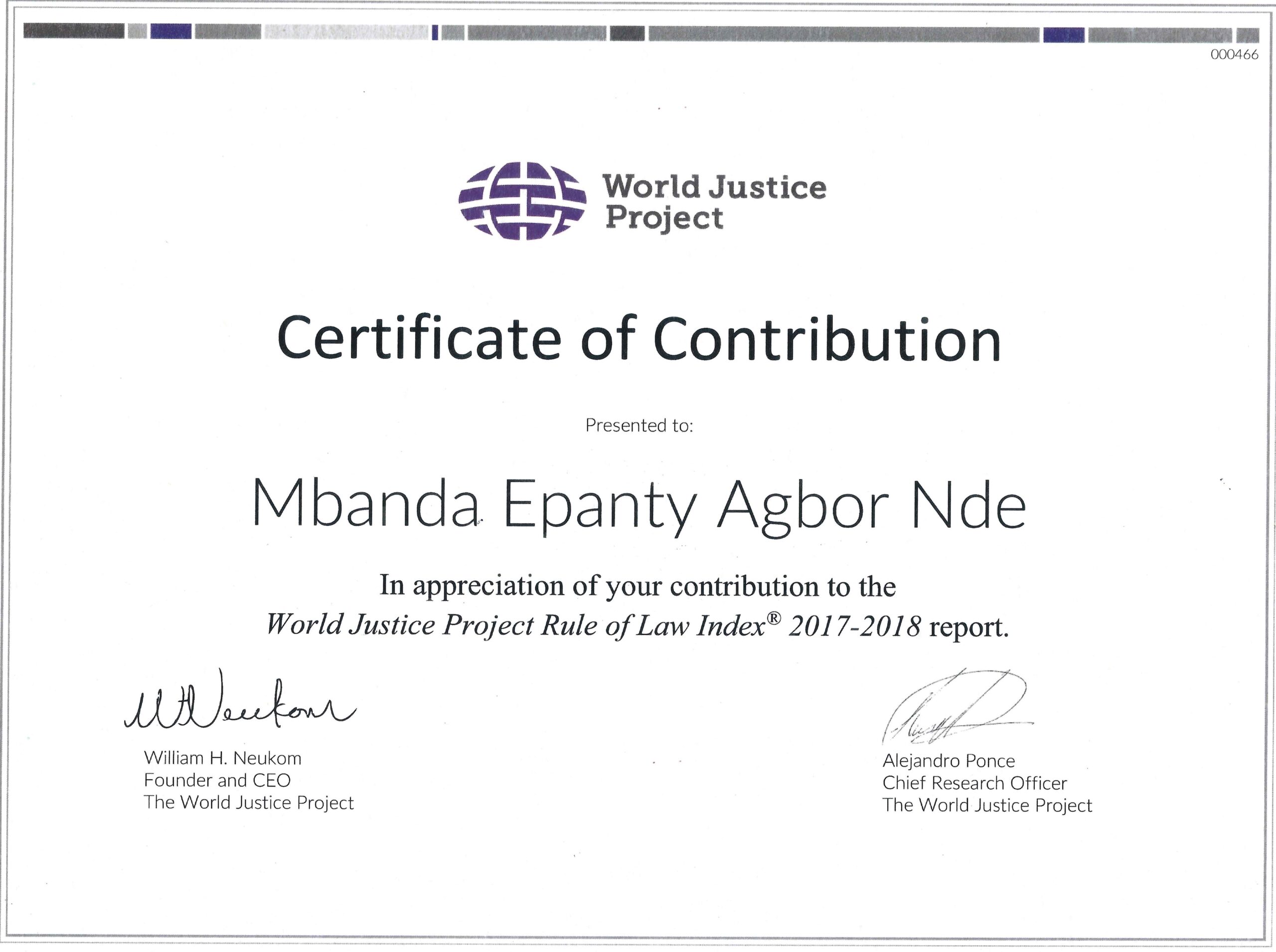 CERTIFICATE OF CONTRIBUTION-WORLD JUSTICE PROJECT-2017-2018